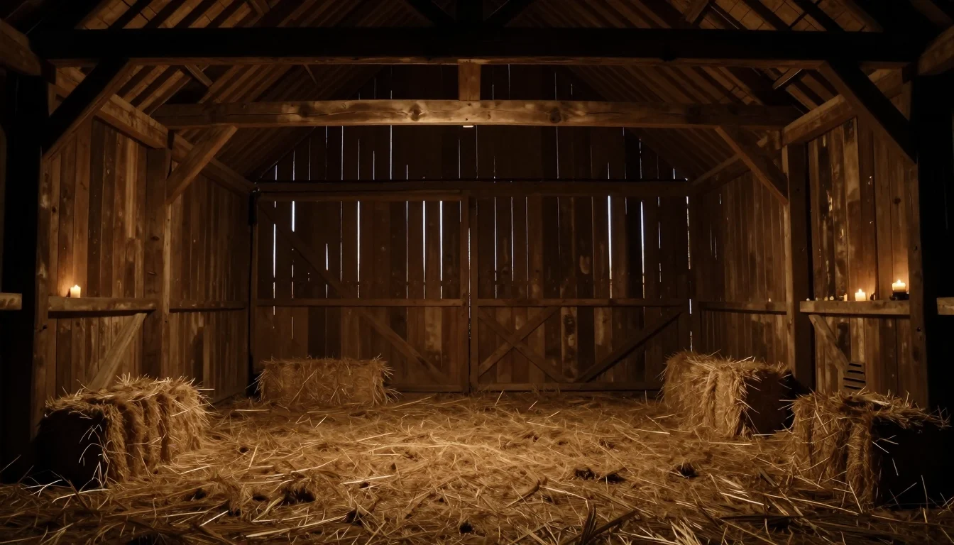 An empty warm-lit straw barn prepared for a tiptoe dance